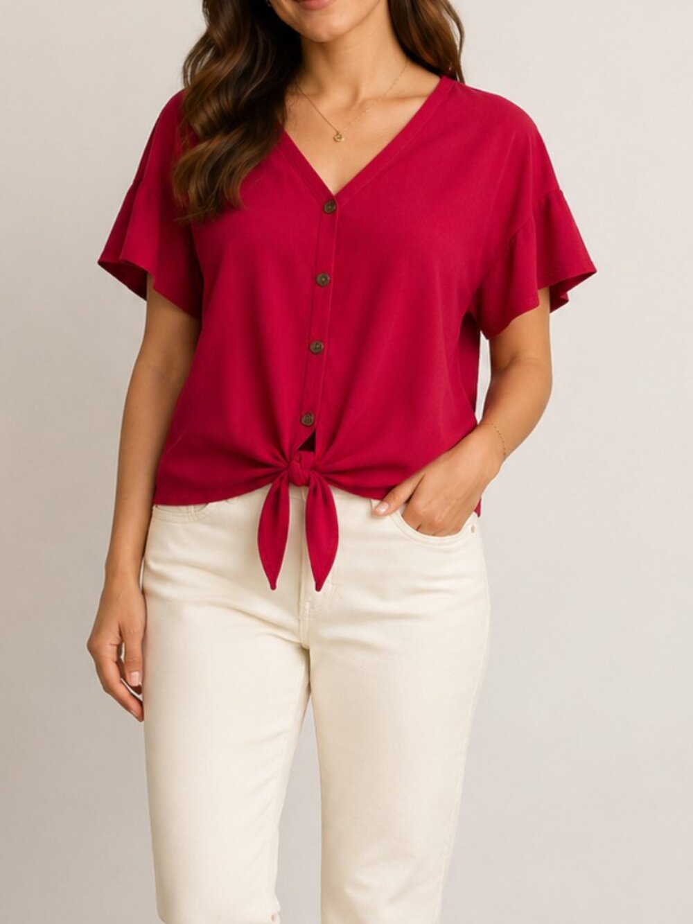Red Button Front Tie Hem Flutter Sleeve Top Size M